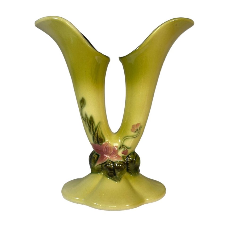 Vintage Hull Pottery Woodland Double Bud Vase Green w/ Pink Floral W-15 8 1/2"